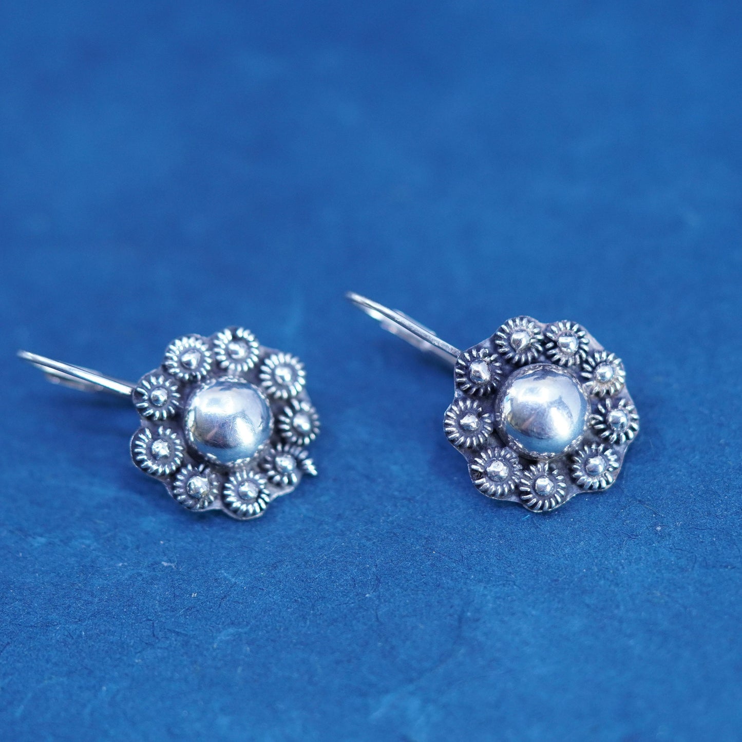 Vintage sterling silver handmade earrings, 925 circle shaped beaded drop