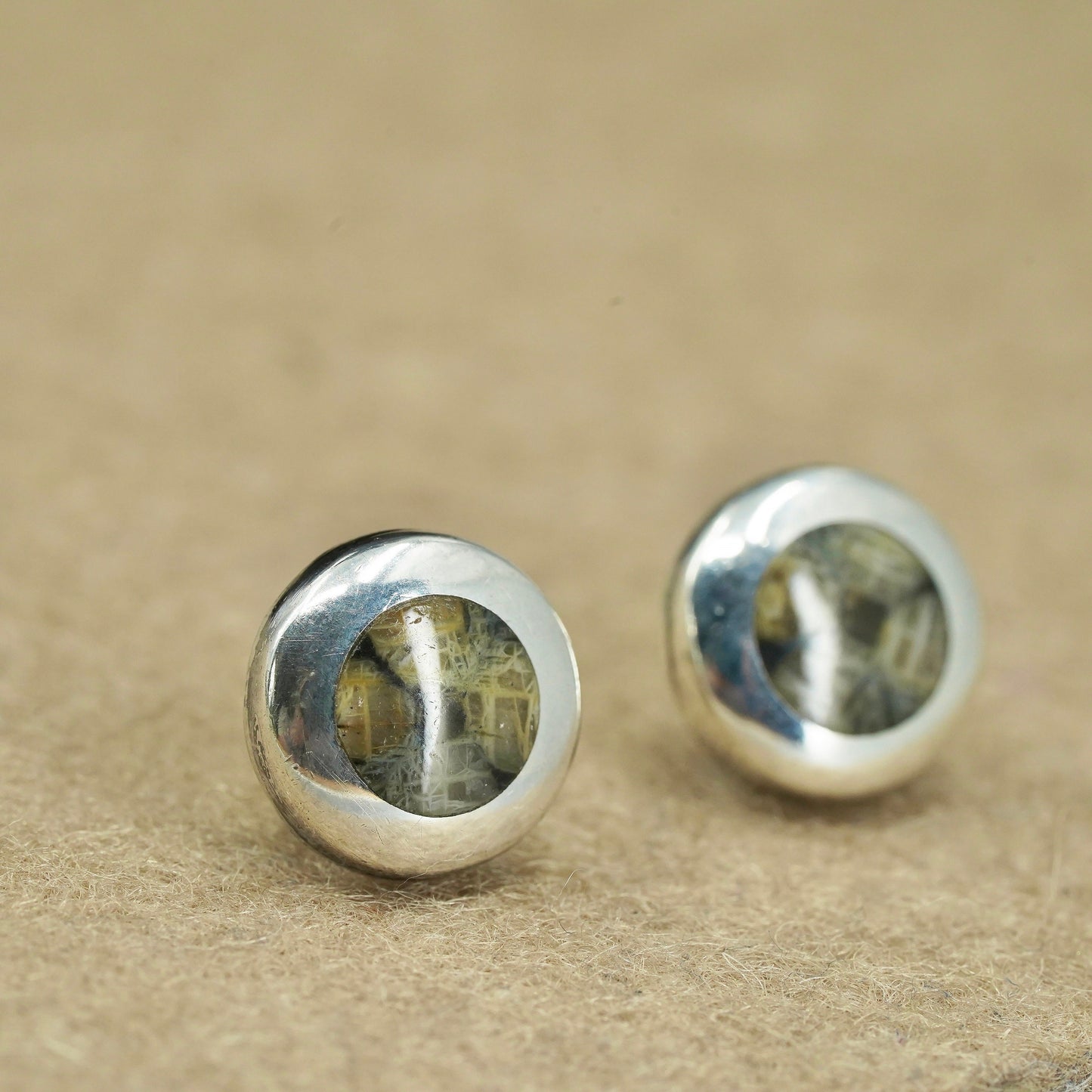 Vintage Sterling 950 silver handmade earrings, studs with rutilated quartz