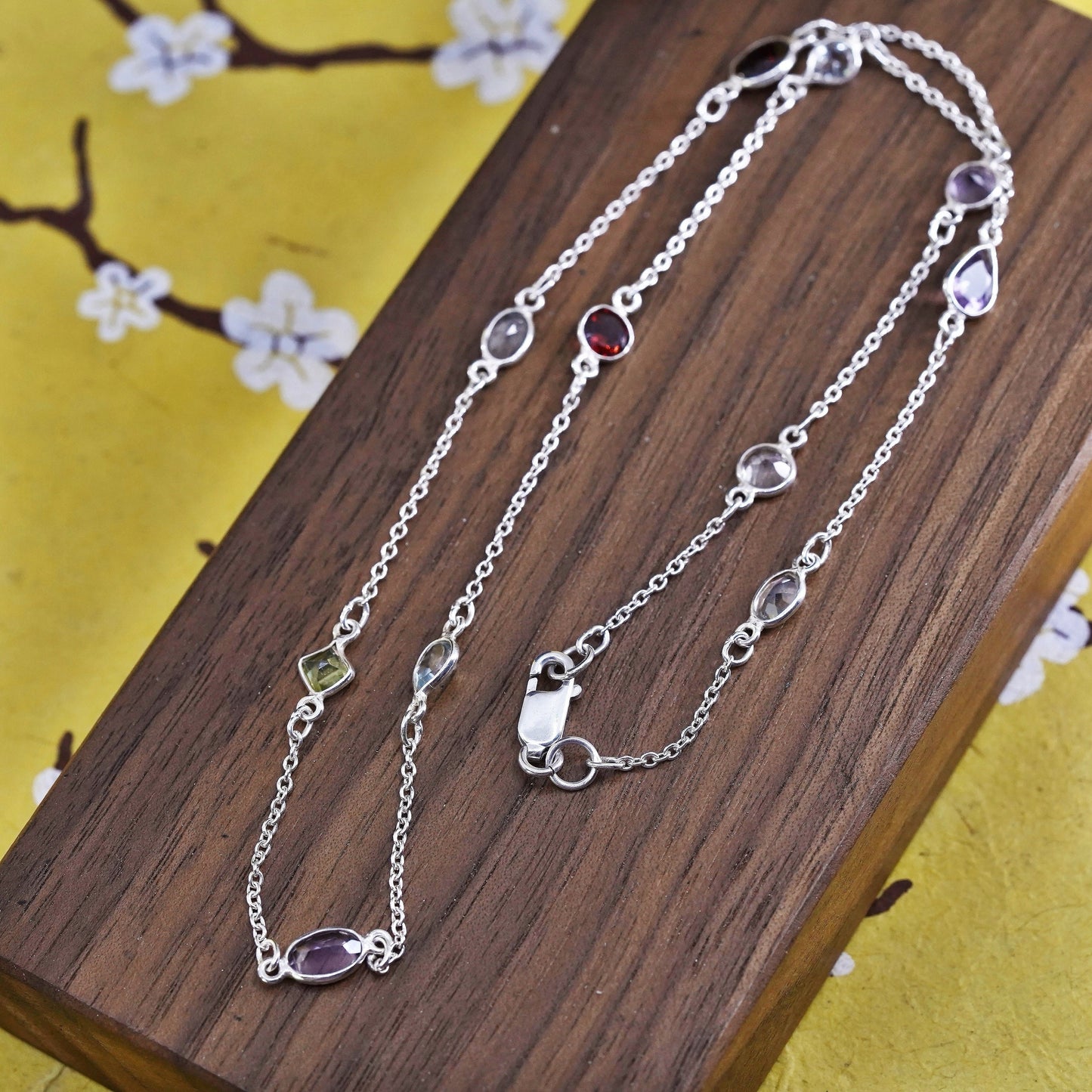 18”, Sterling silver necklace, 925 circle chain ruby, topaz,, peridot citrine