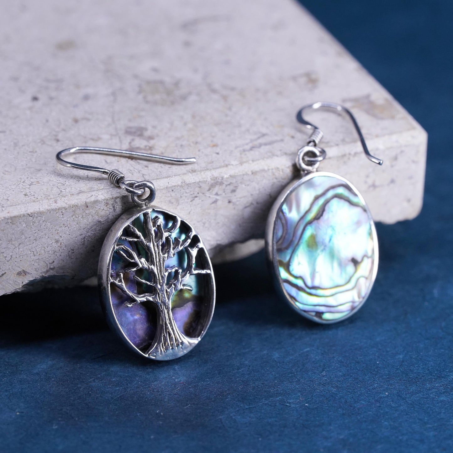 Vintage Sterling Silver 925 handmade oval tree earrings with abalone inlay