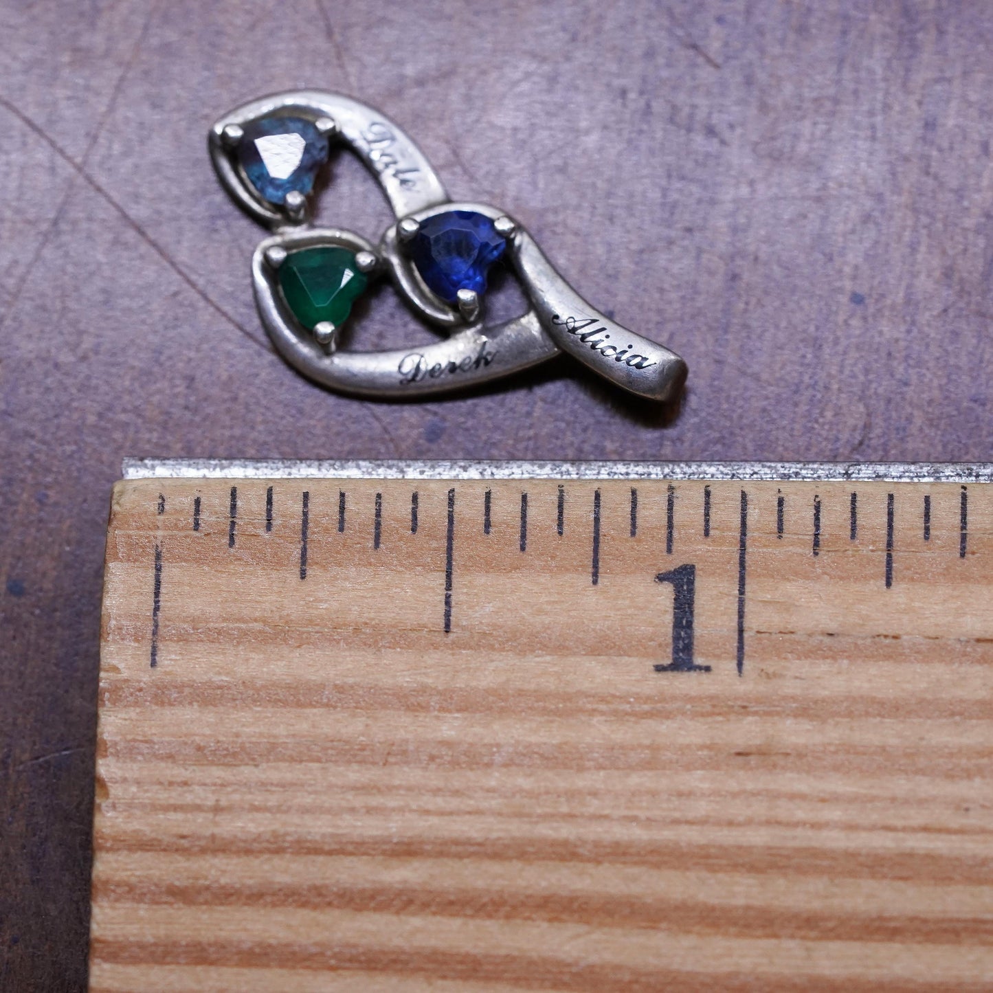 Vintage sterling 925 silver pendant, w/ sapphire peridot chalcedony hearts