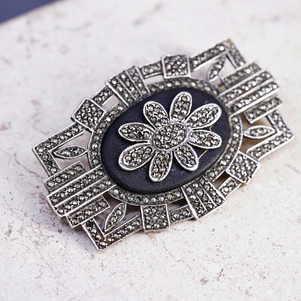 Sterling 925 Silver Onyx Marcasite Brooch Pin Art Deco Ornate Floral Jewelry