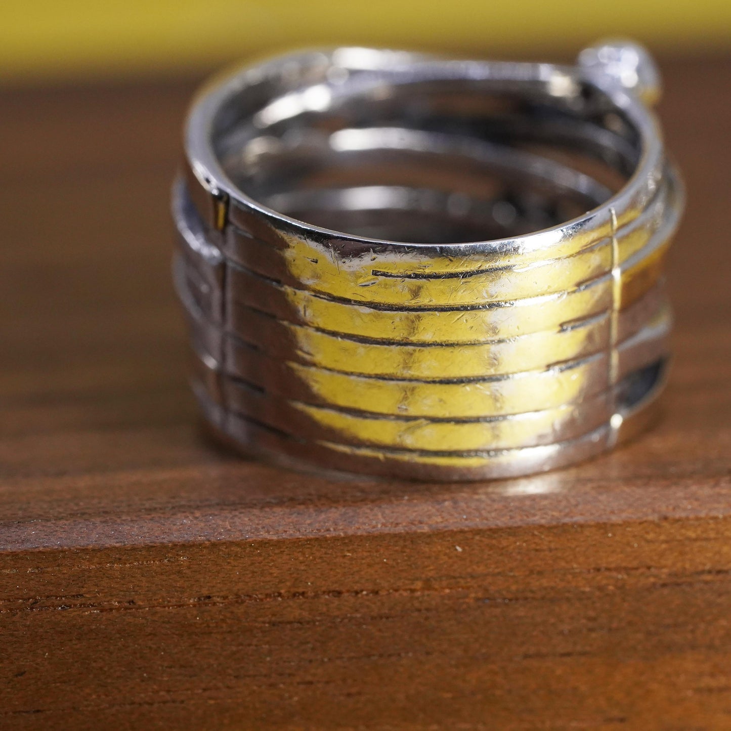 Size 8, vintage two tone Sterling 925 silver handmade wide ribbed ring with cz
