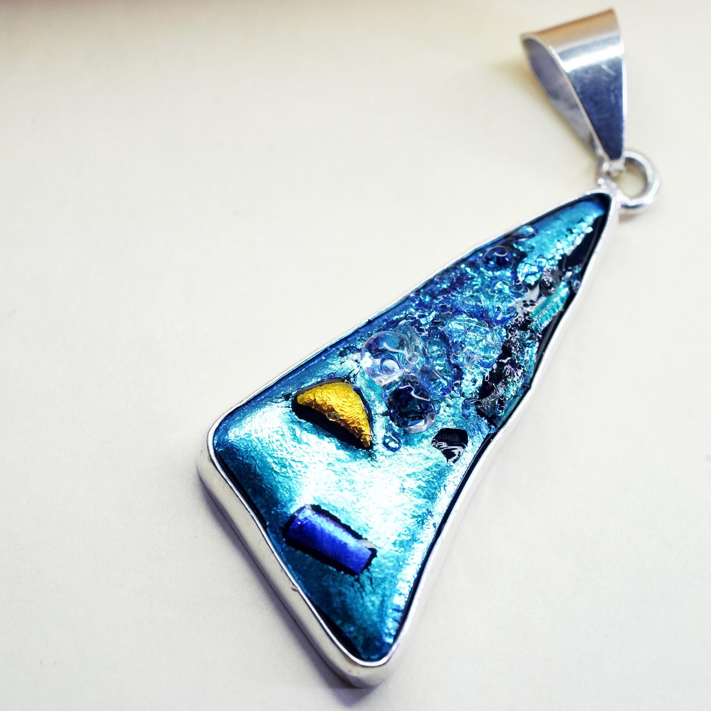 sterling 925 silver with blue metallic dichroic foiled glass triangle pendant
