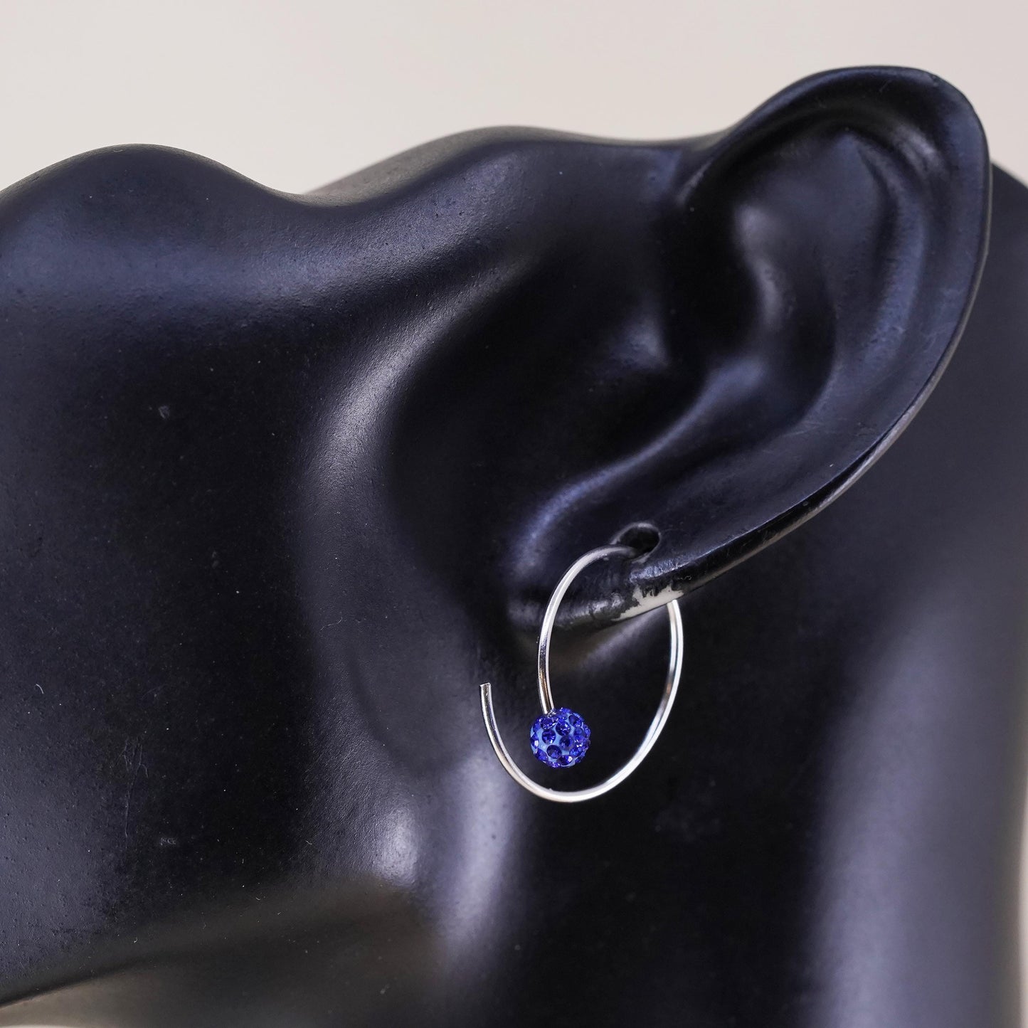 0.75”, Vintage sterling silver loop earrings, hoops with blue crystal bead