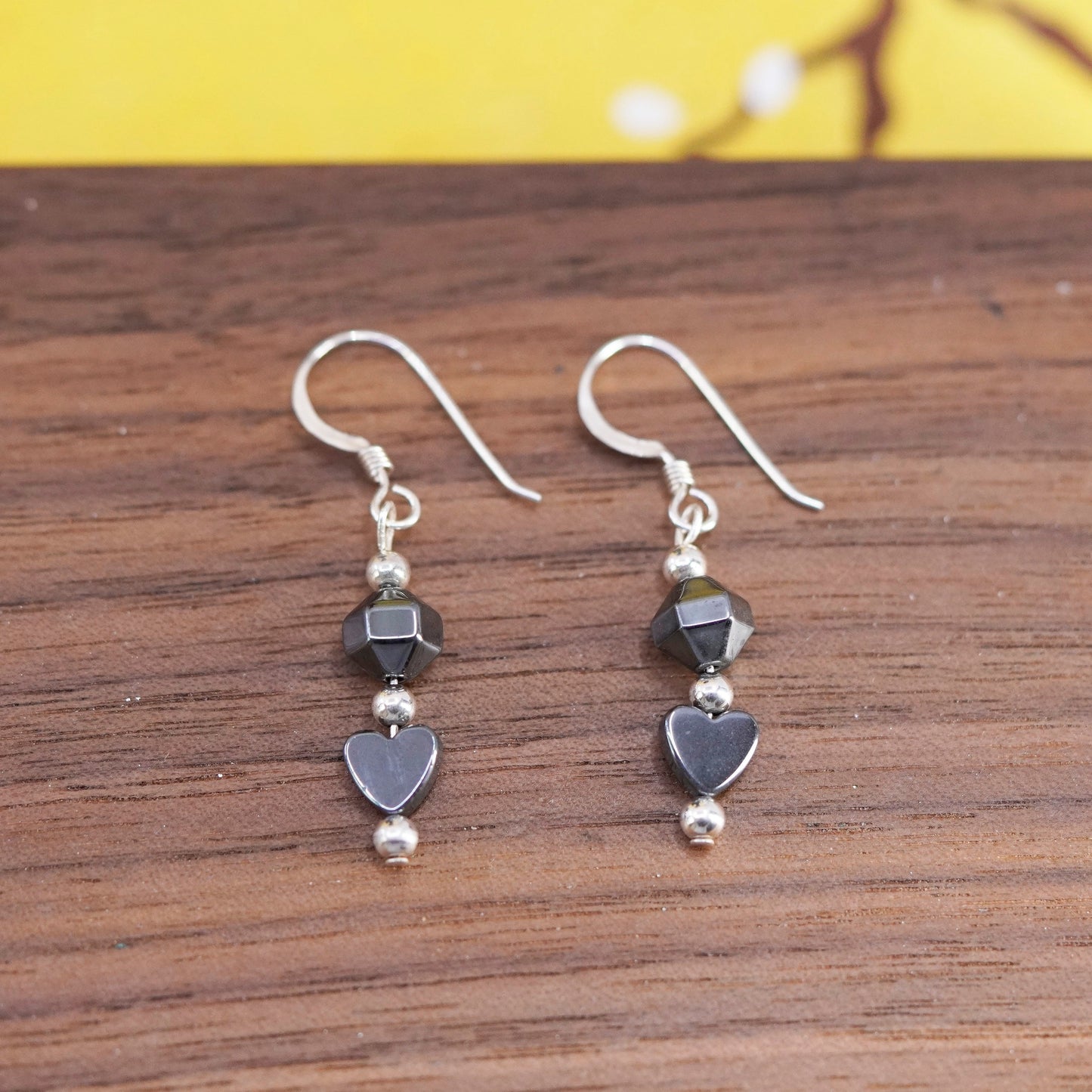 Vintage Sterling silver 925 earrings with heart hematite dangles