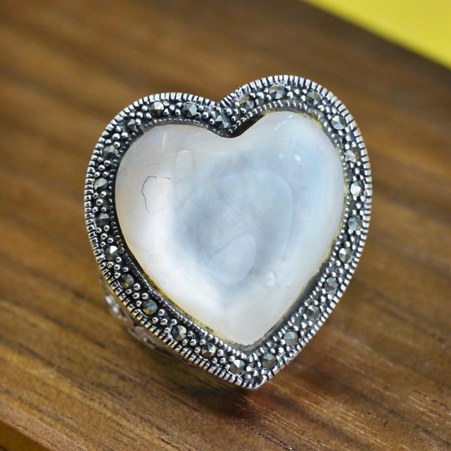 Size 6.5, Sterling 925 silver handmade ring with heart moonstone and marcasite