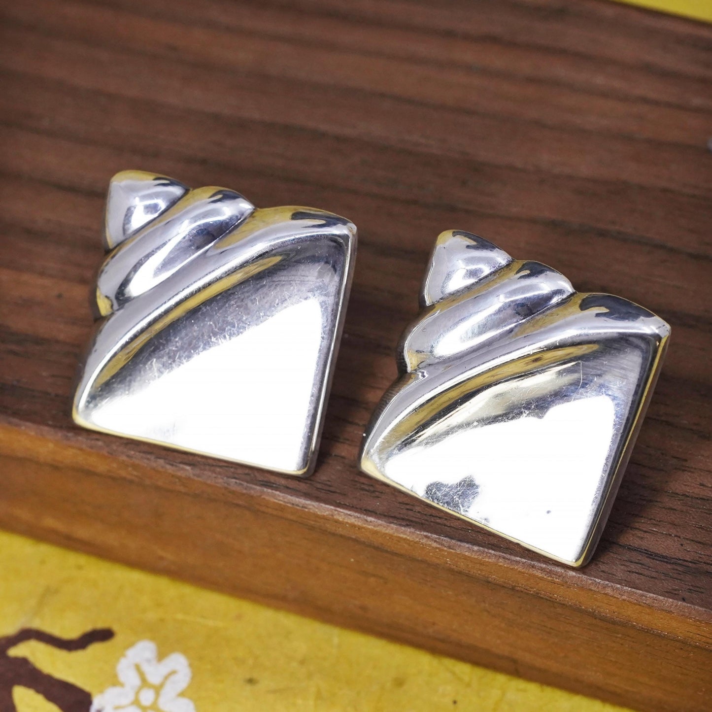 vintage modern Sterling silver handmade studs, square ribbed earrings