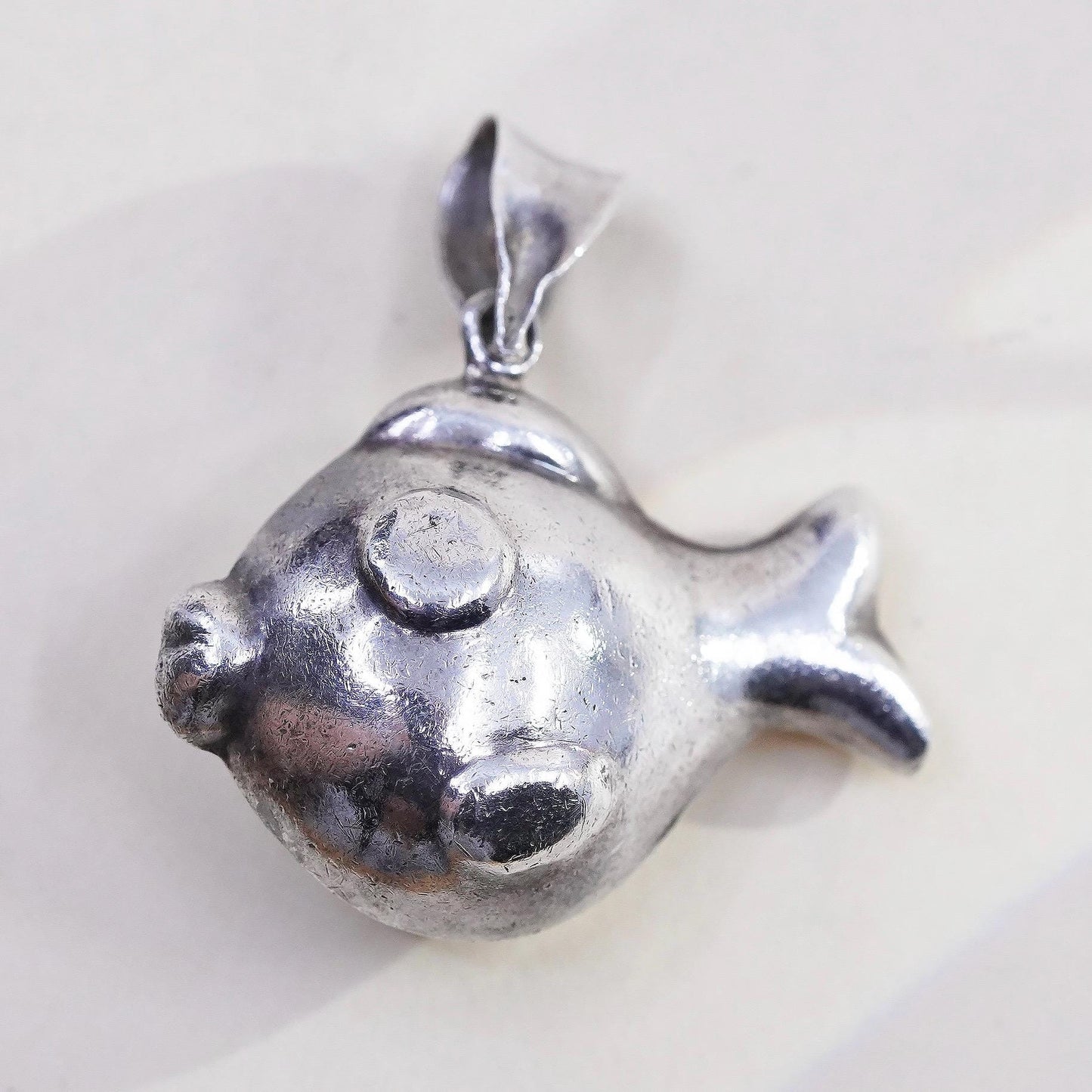 Vintage sterling silver handmade puffy goofy fish charm, 925 pendant
