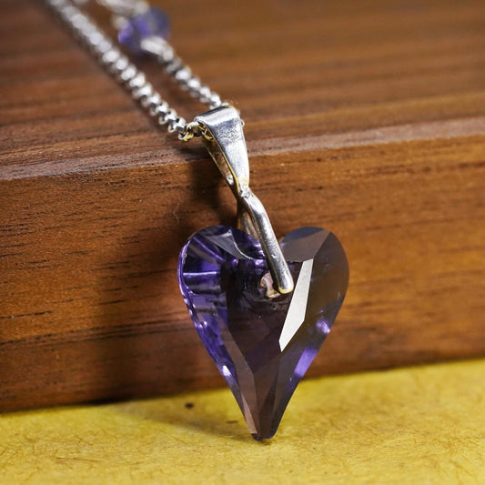 20+2”, Vintage Sterling Silver 925 circle chain necklace amethyst heart pendant