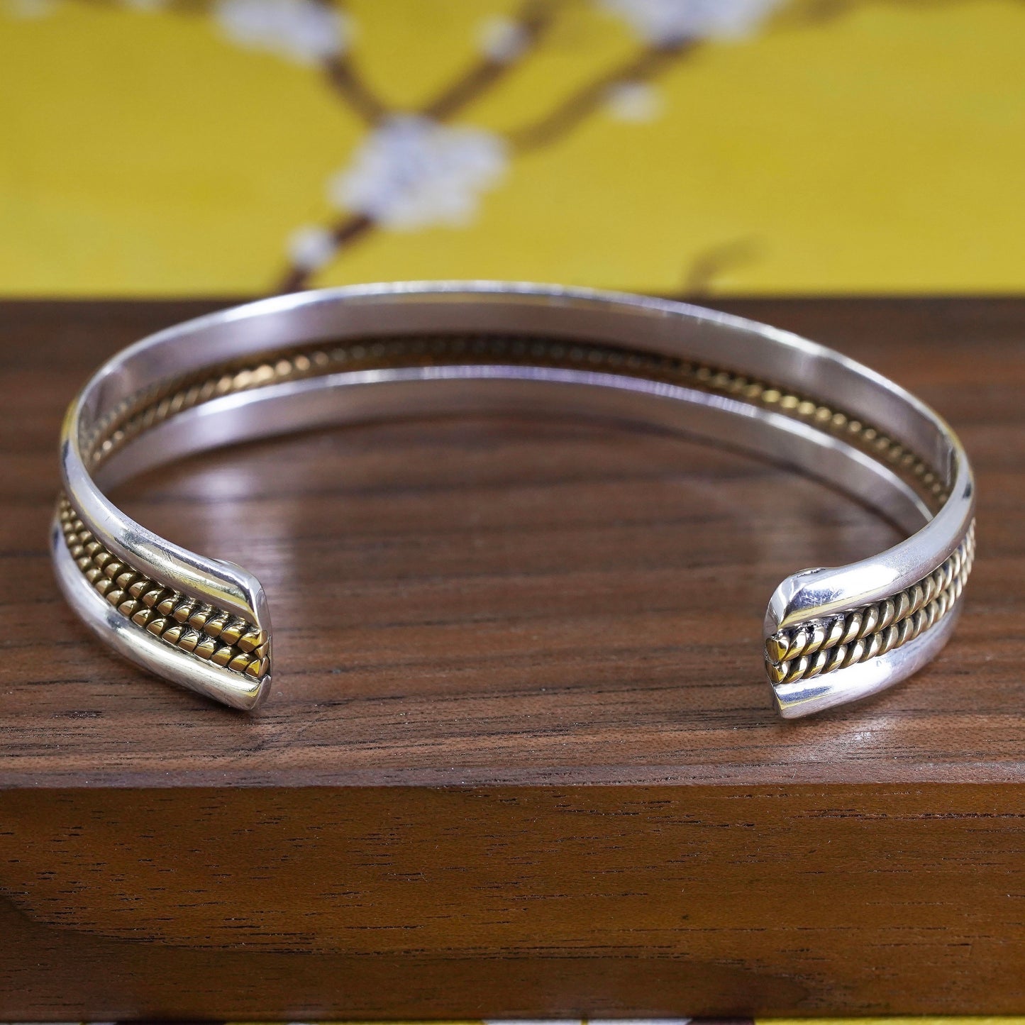 6.5”, two tone Mexican Sterling silver handmade bracelet, 925 cuff brass cable