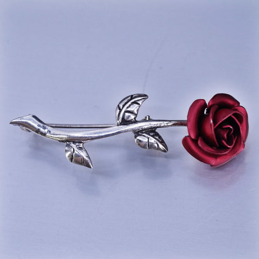 Vintage sterling silver handmade brooch, 925 rose flower pin