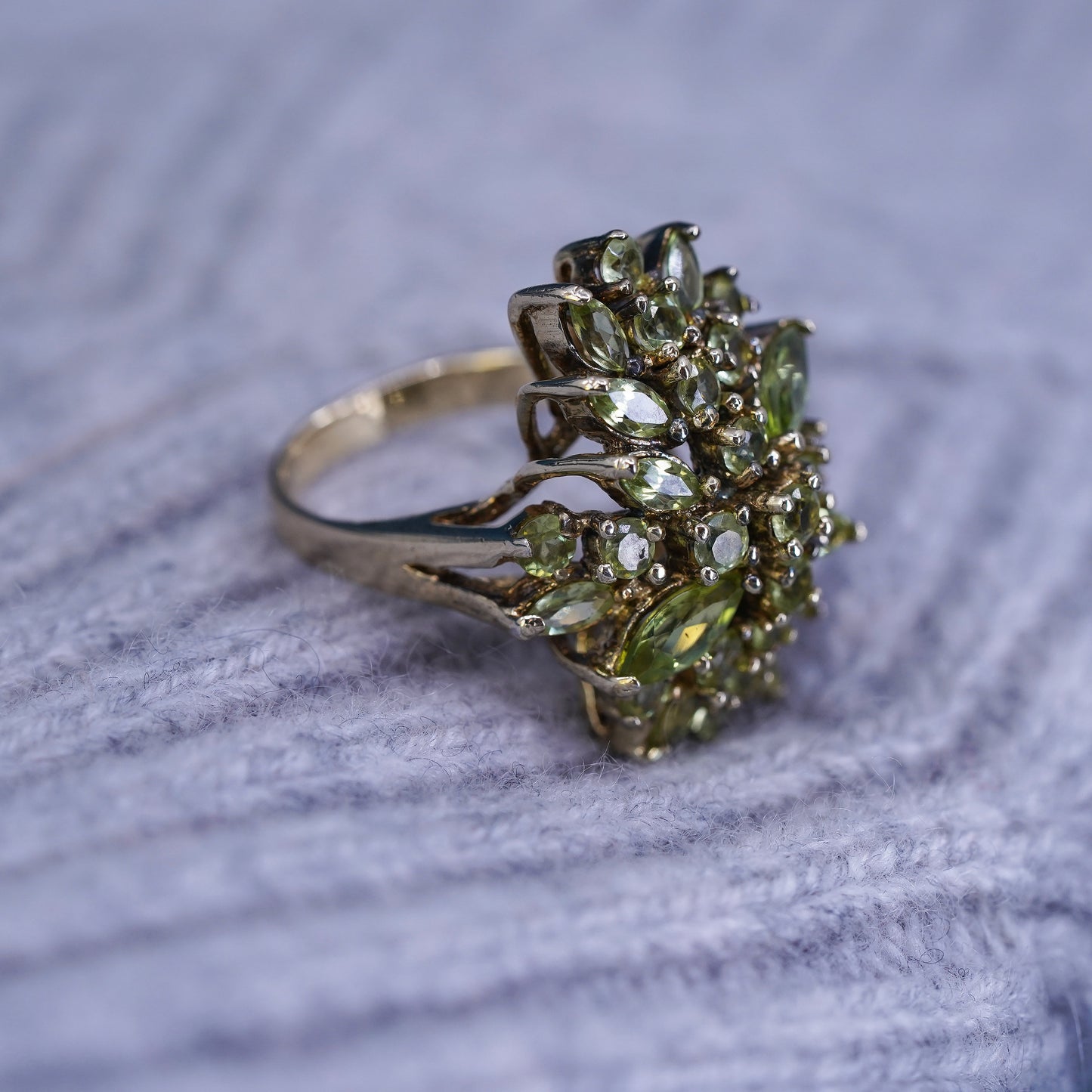 Size 7.25, vermeil gold over Sterling silver ring, 925 band w/ cluster peridot