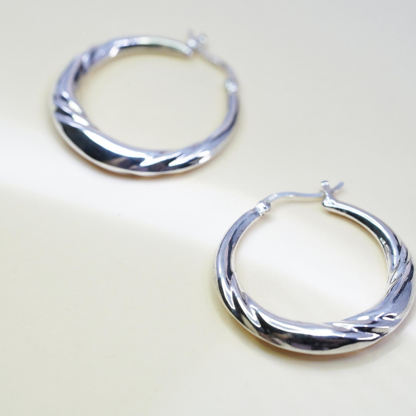 1.25", Vintage 925 sterling silver loop earrings, ribbed primitive hoops