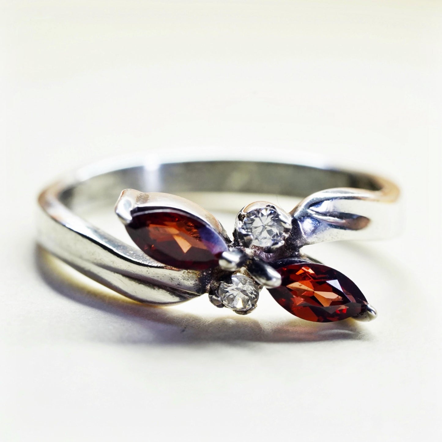 Size 8, vintage Sterling 925 silver statement ring with garnet and cz
