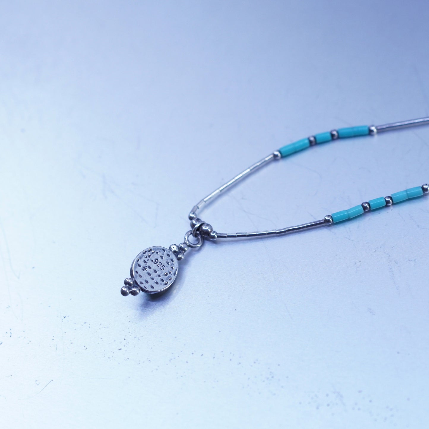 16”, Native American Sterling 925 liquid silver necklace with turquoise pendant
