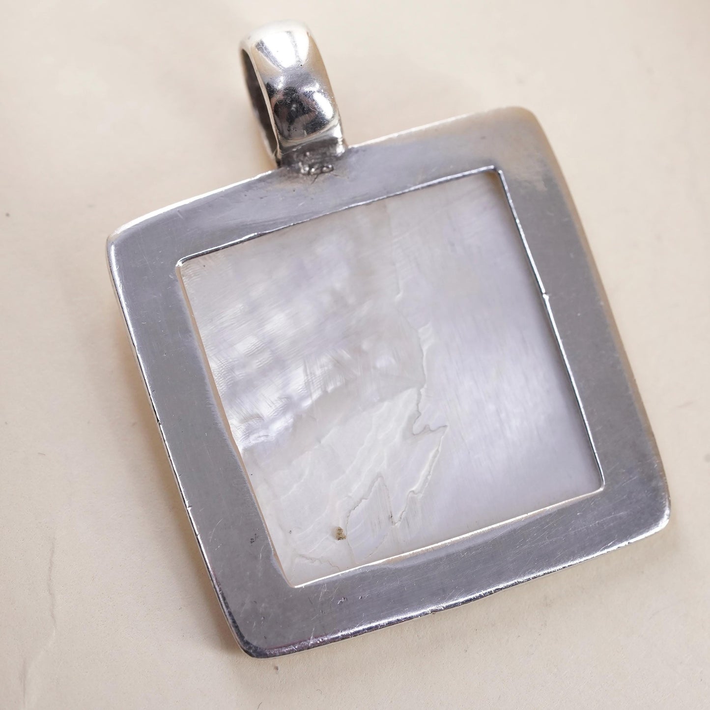 Vintage sterling 925 silver handmade square pendant with mother of pearl inlay