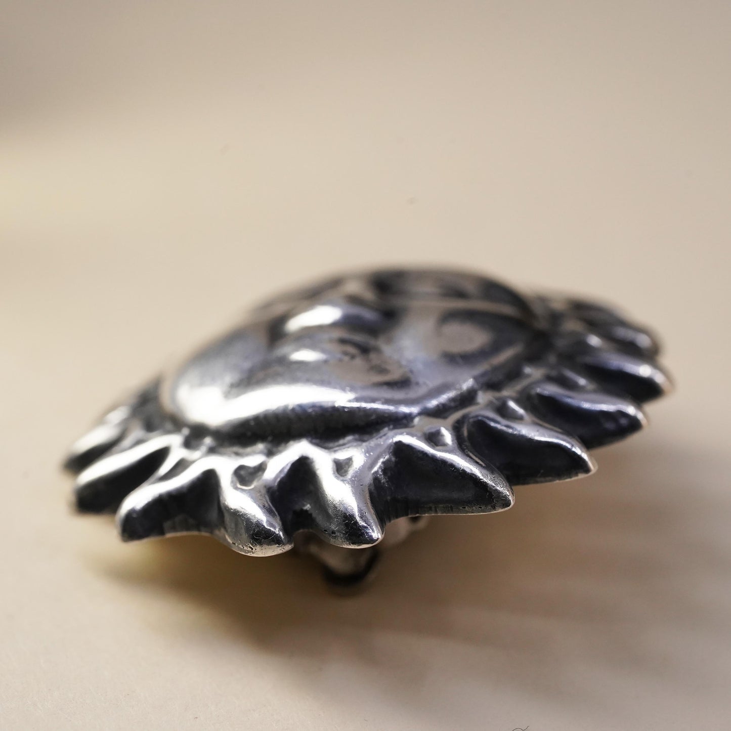 VTG Mexico sterling silver handmade single earring, 925 silver sun face clip on