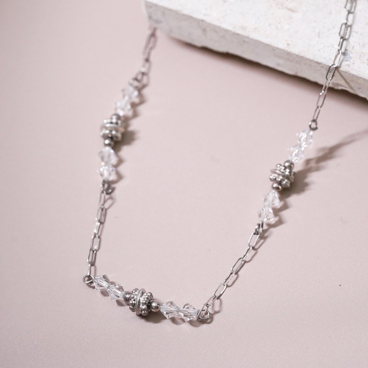 18", vintage Sterling silver necklace, 925 elongated chain with crystal beads