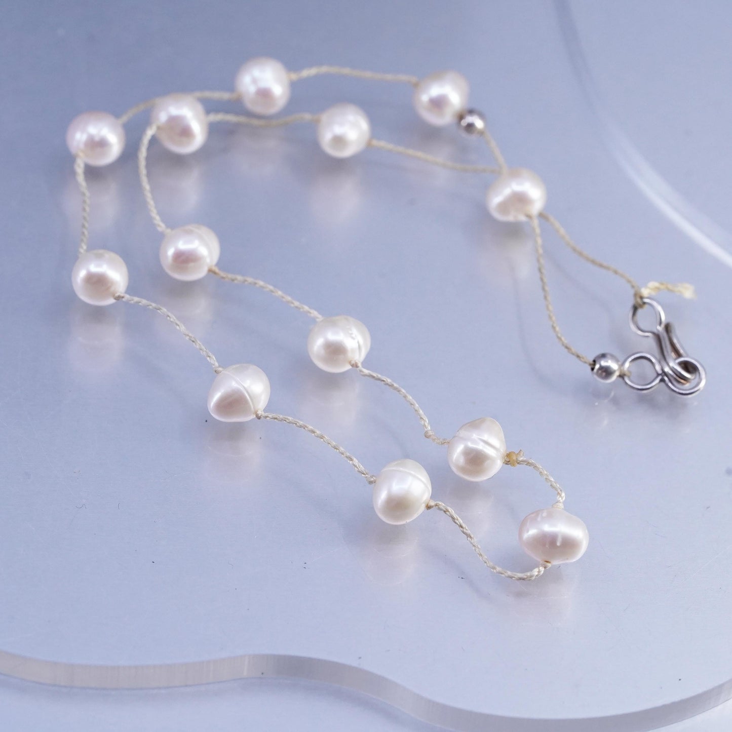 16" Vintage Sterling 925 silver necklace with 8mm freshwater Pearl linen thread