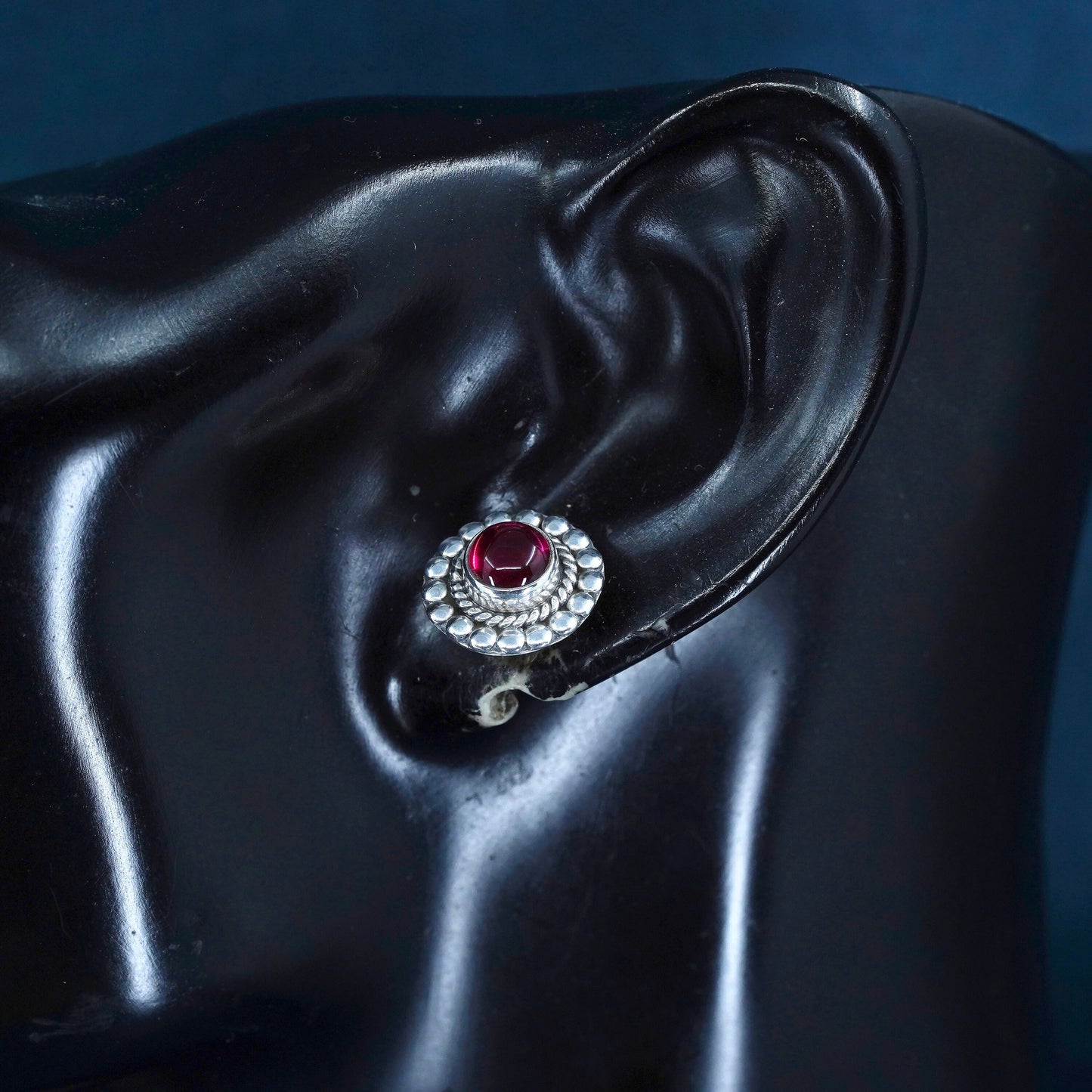 Vintage sterling silver handmade earrings, 925 studs with garnet