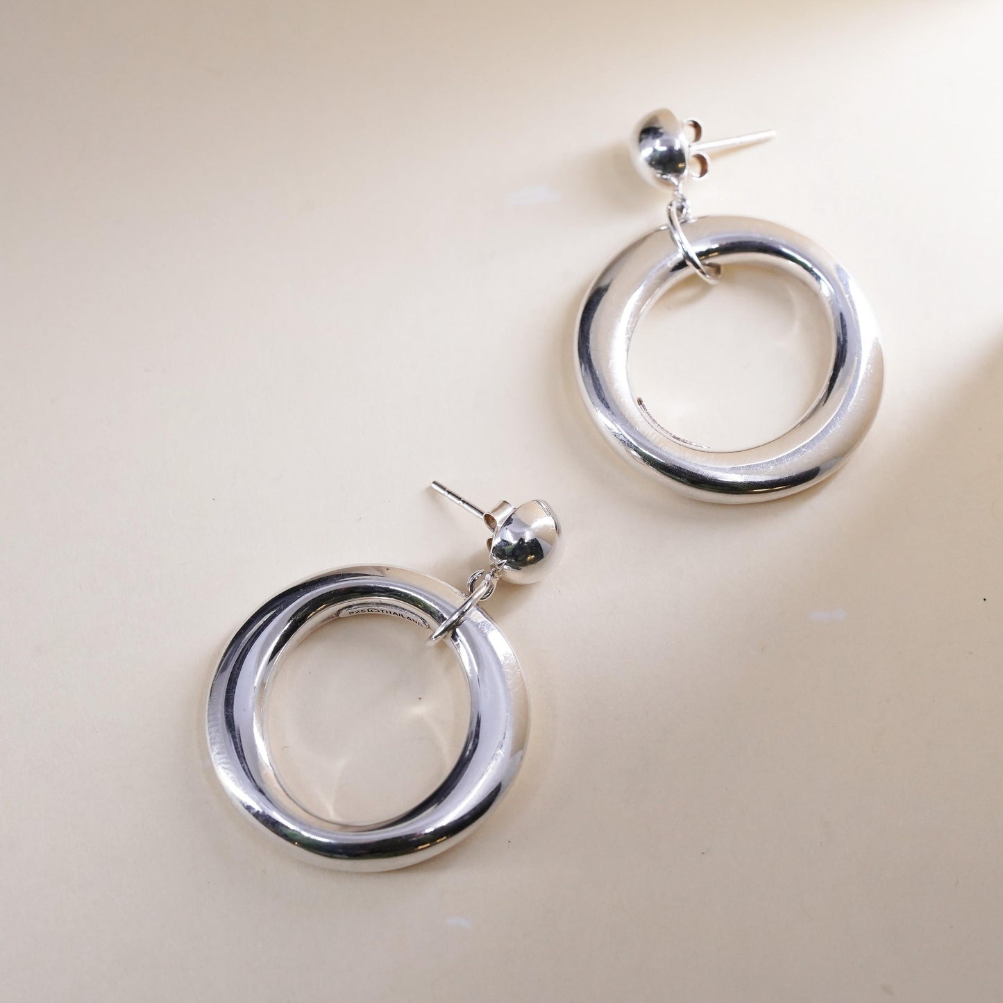 Vintage sterling silver handmade earrings, 925 circles dangles