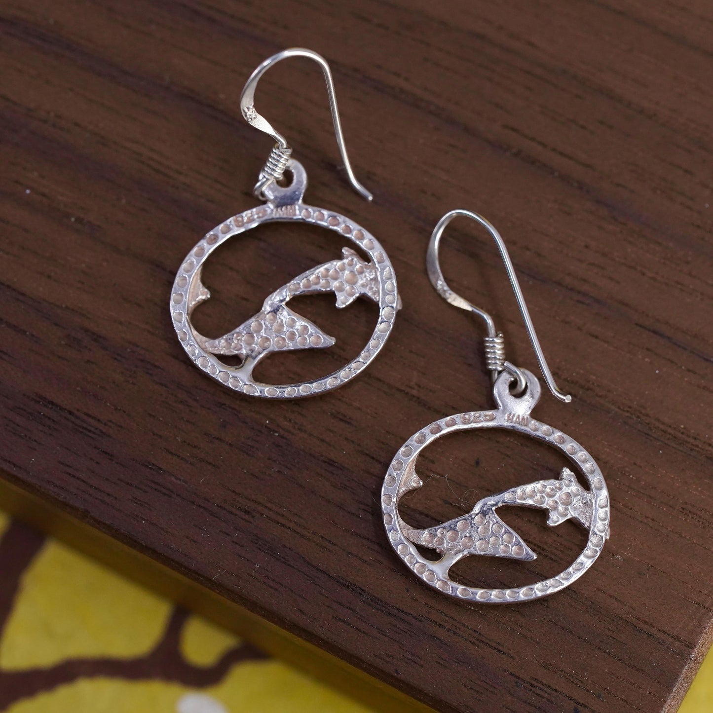 Vintage Sterling silver handmade earrings, 925 dolphin dangle