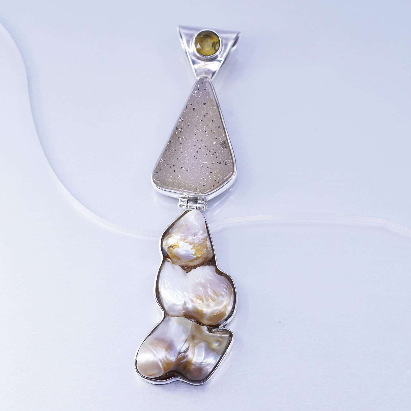 Native American KC sterling 925 silver pendant with druzy stone baroque pearls