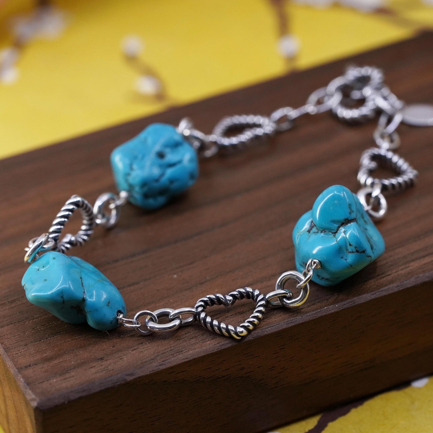 7.5", southwestern Lenox Sterling silver bracelet, turquoise bracelet 925 heart