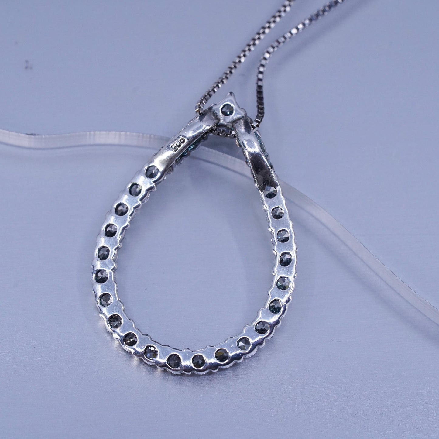 18”, vintage Sterling 925 silver handmade box necklace with teardrop cz pendant