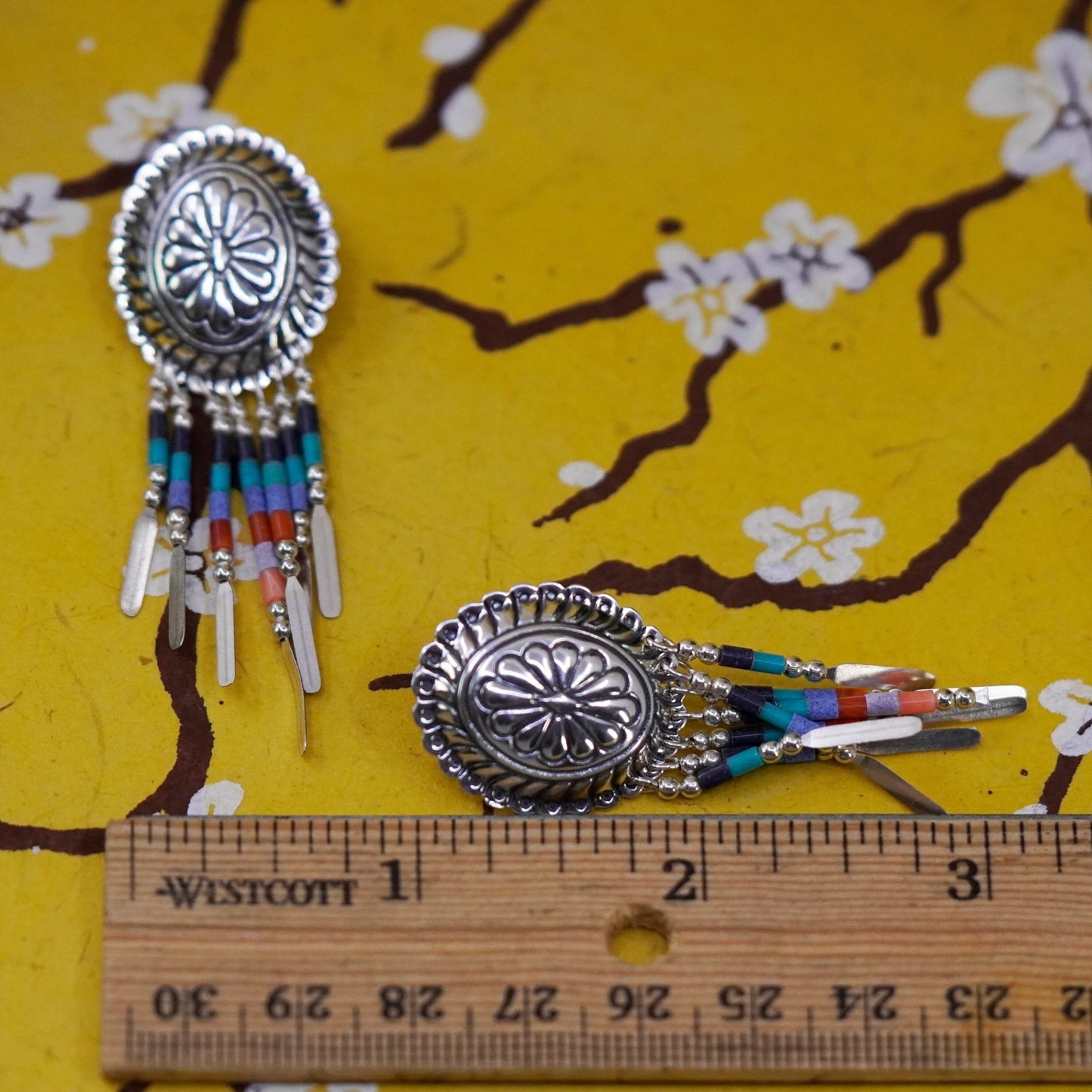 Quoc Turquoise Q.T. Sterling Silver Earrings, 925 studs malachite fringe drops