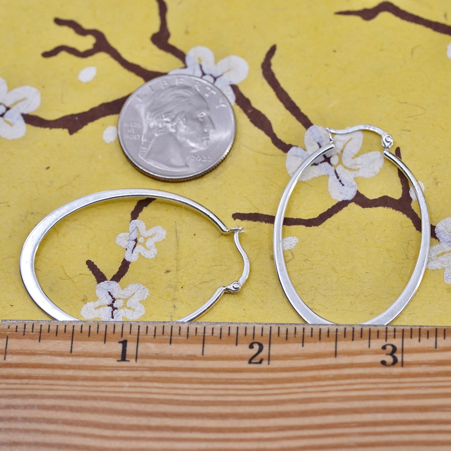 1.75", vintage Sterling silver handmade earrings, 925 flatten oval hoops