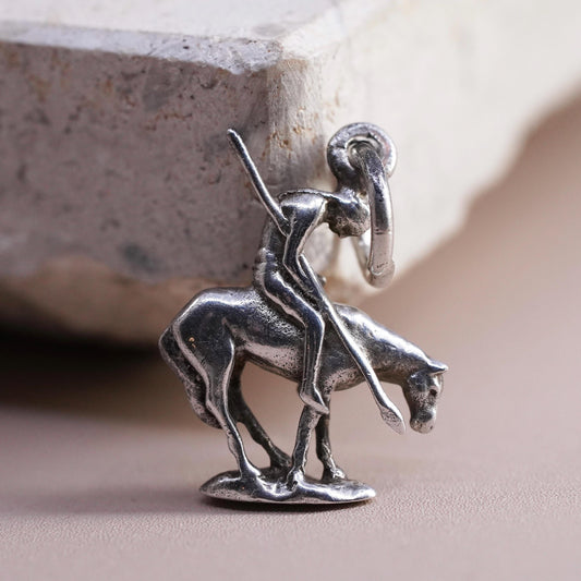 Vintage sterling silver handmade pendant, 925 tired horse and rider charm