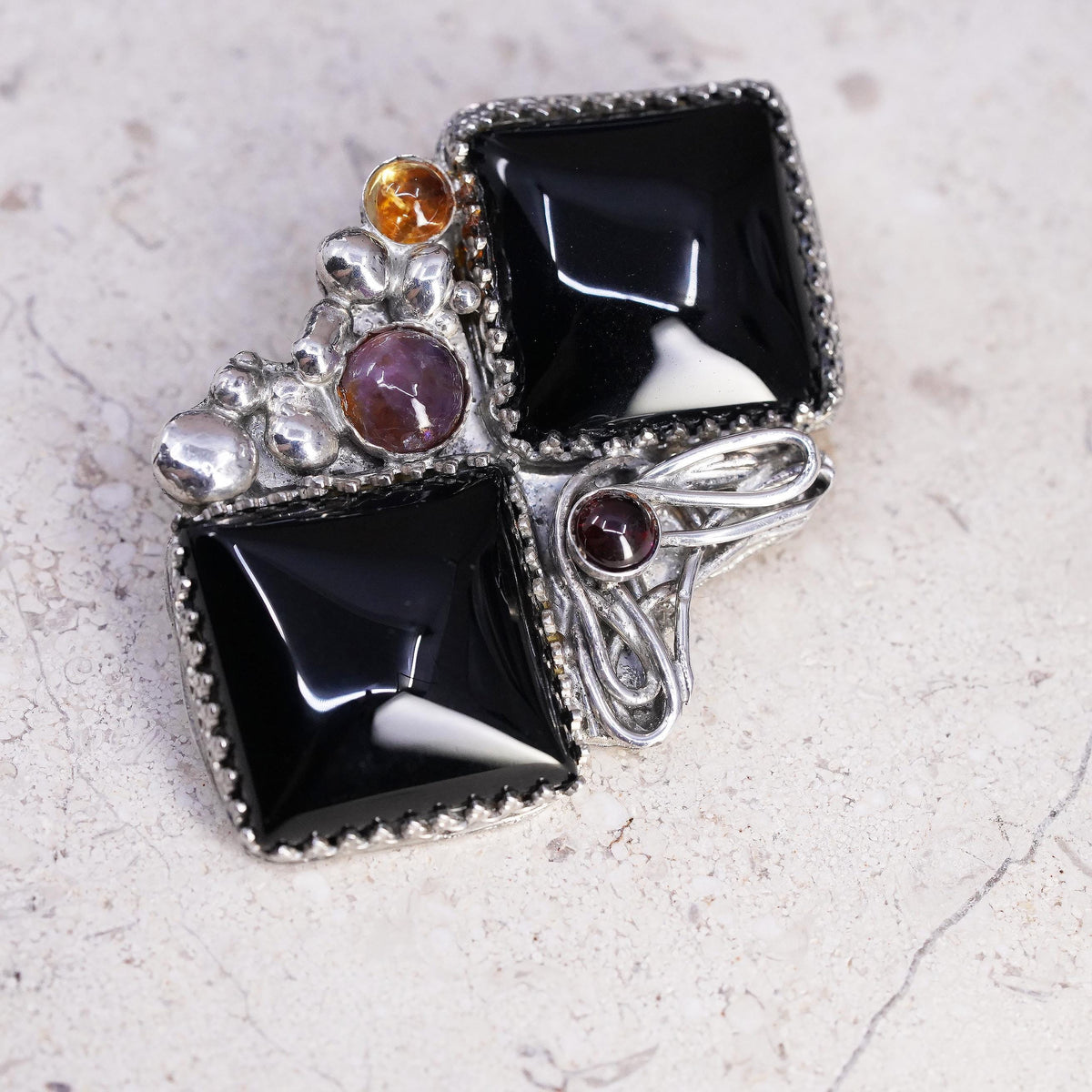 Vintage Southwestern Sterling 925 Silver Onyx Brooch Pendant Amethyst Garnet Pin
