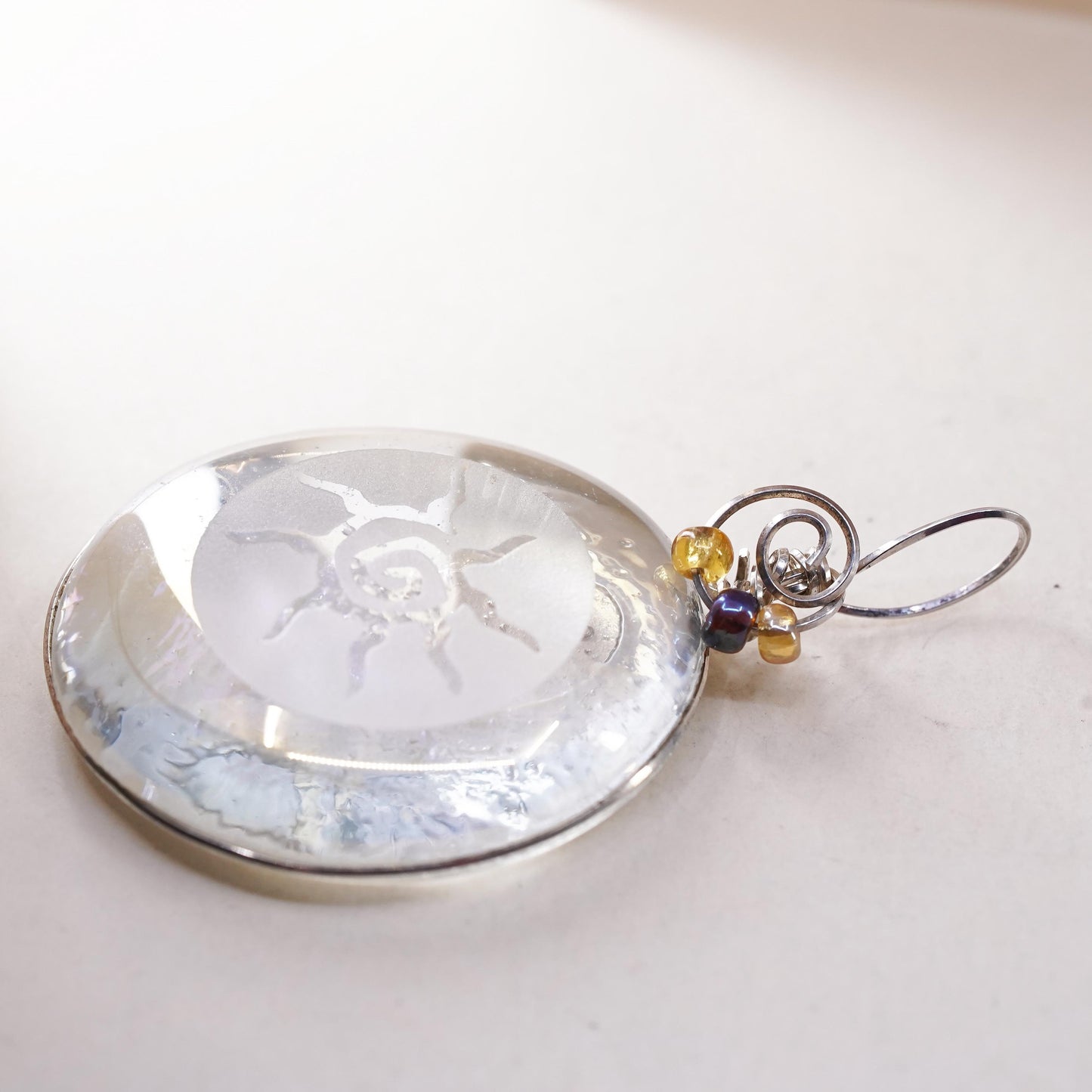 Vintage Mexican sterling silver wire w/ handmade dichroic foiled glass pendant