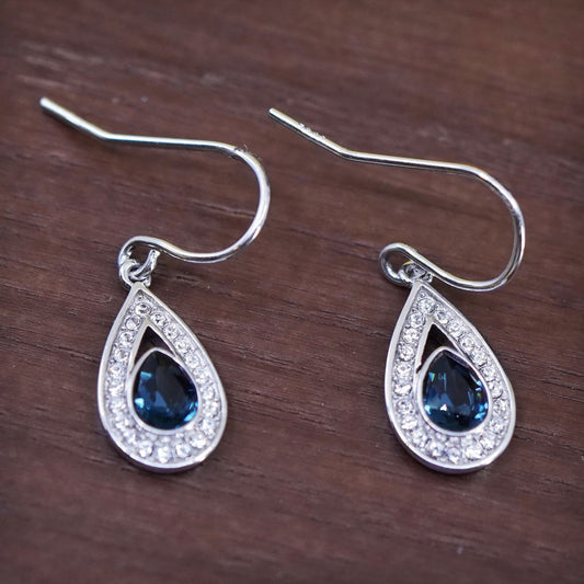 Vintage Sterling silver earrings, 925 teardrops with blue and cluster Cz