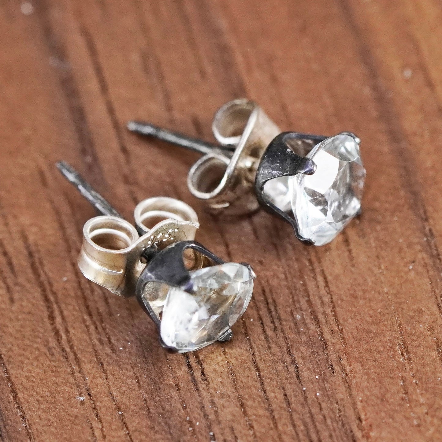 4mm, vintage Sterling silver clear round crystal studs, cz earrings