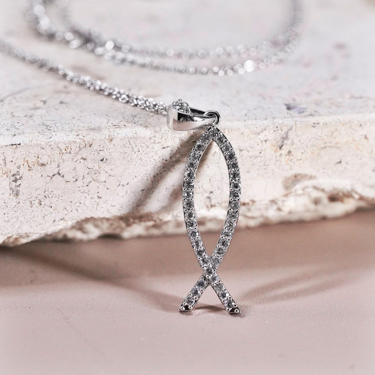 16"+2”, Sterling silver necklace, 925 circle chain fish pendant and Cz