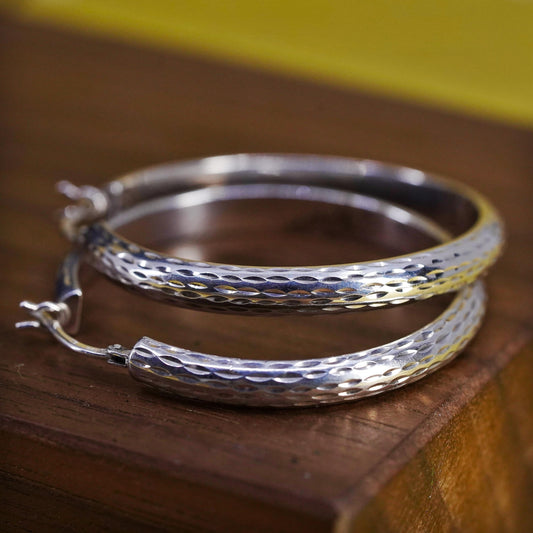 1.25", Vintage Sterling silver handmade earrings, textured 925 huggie hoops