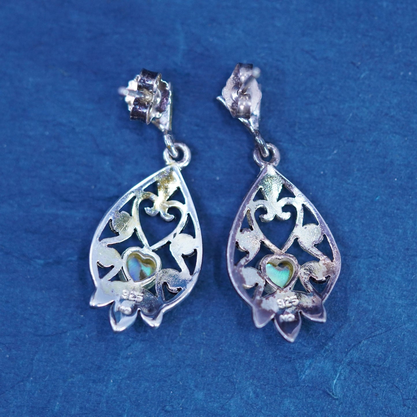 Mexican Sterling 925 silver handmade earrings with heart abalone and marcasite