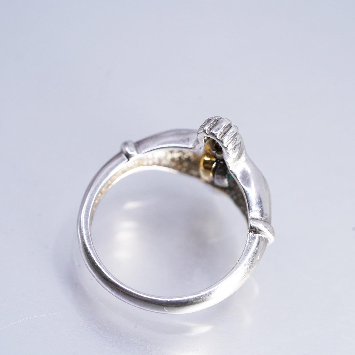 Size 6, Claddagh Sterling 925 silver spinner ring emerald 14K yellow gold heart