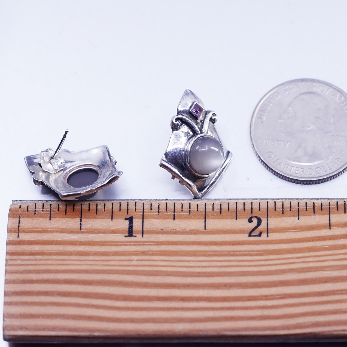 Vintage Sterling 925 silver handmade studs earrings white moonstone amethyst