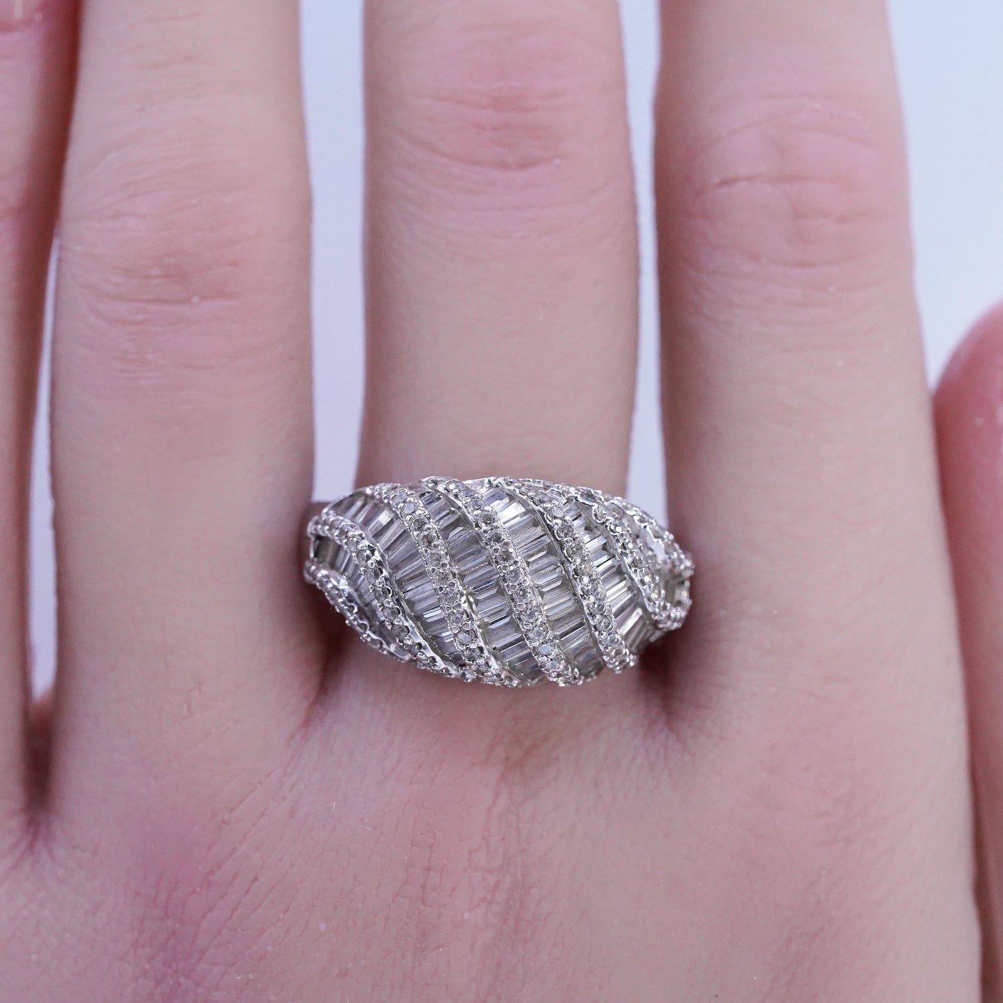 Size 9.25, vintage Sterling 925 silver woven ring with cluster diamonique cz