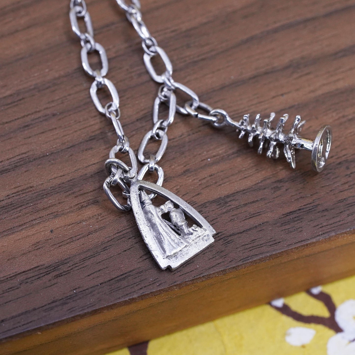 6.5”, Sterling silver 925 curb chain bracelet 2 charms, Christmas tree Baptism
