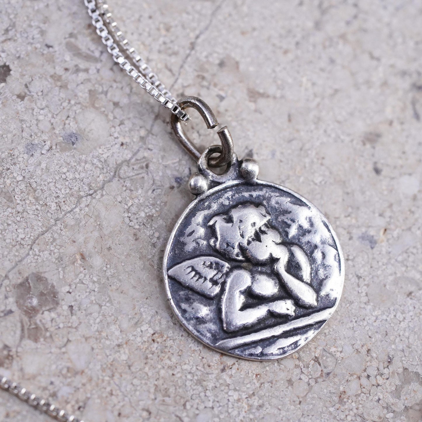 16", Vintage sterling 925 silver box necklace Guardian angel charm pendant
