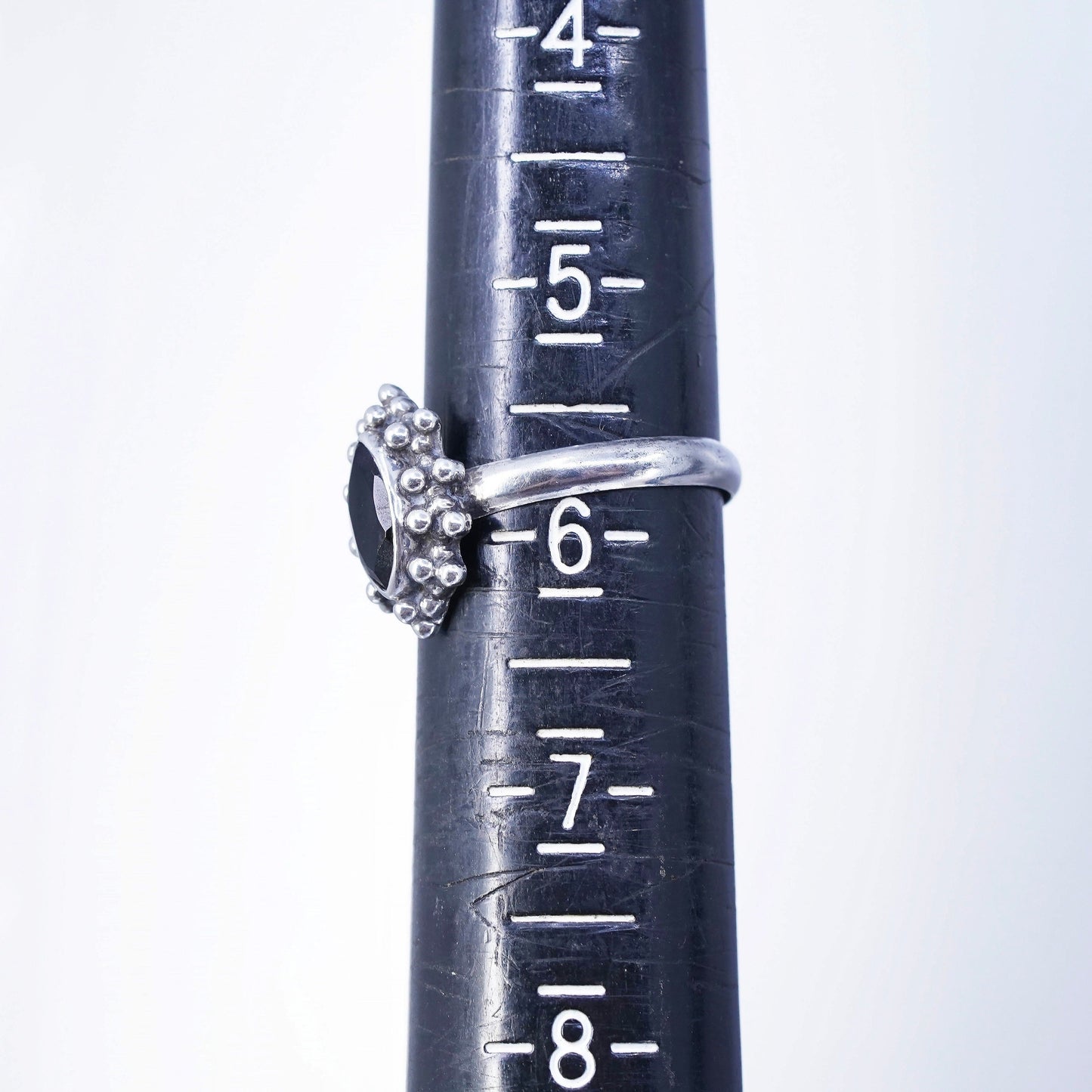 Size 5.75, vintage modern Sterling 925 silver handmade ring obsidian and beads
