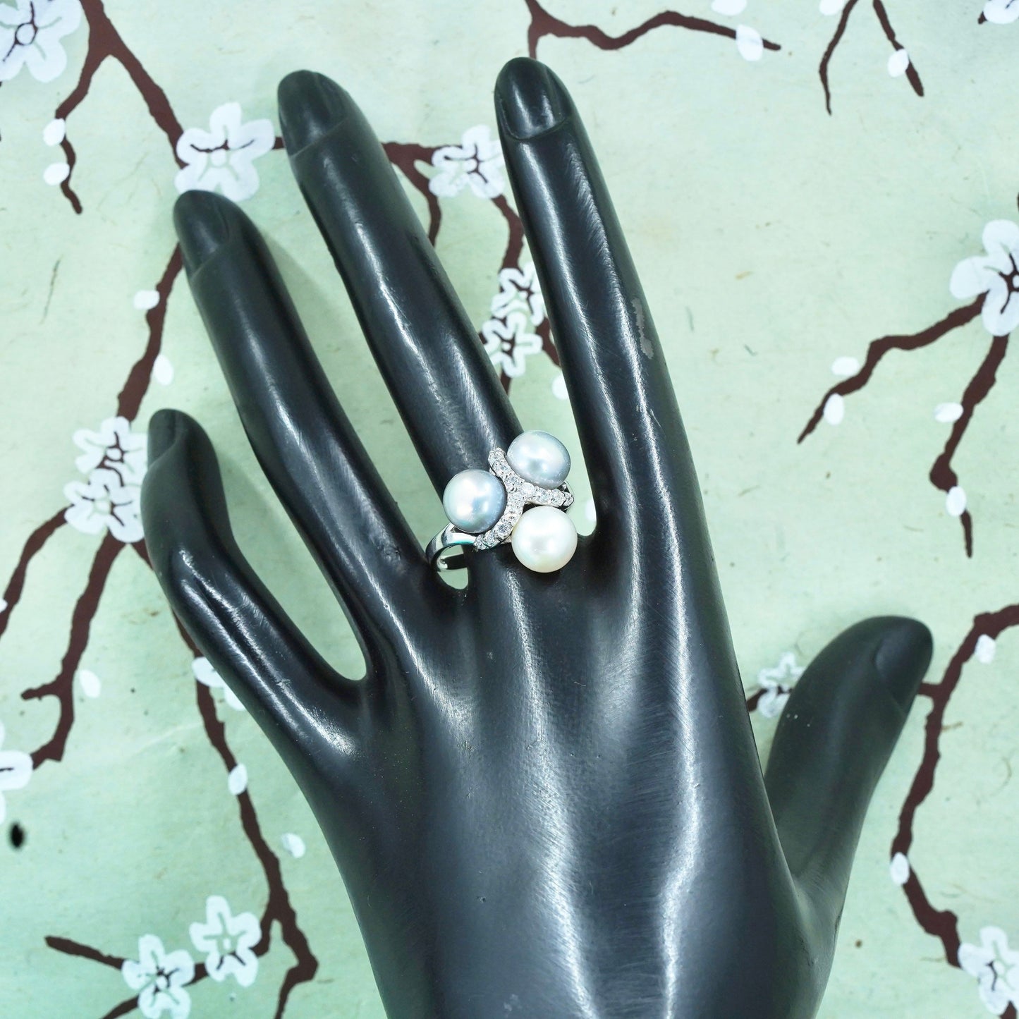 Size 9.25, vintage Sterling silver handmade ring, 925 band with pearls and cz