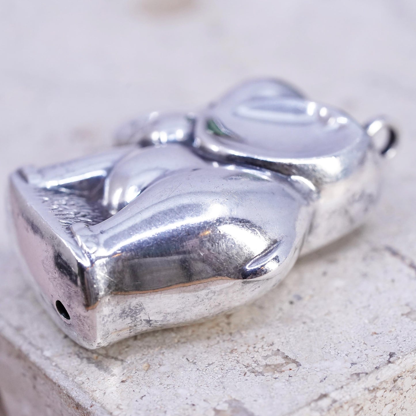 Vintage Sterling silver handmade pendant, puffy huge 925 silver elephant charm