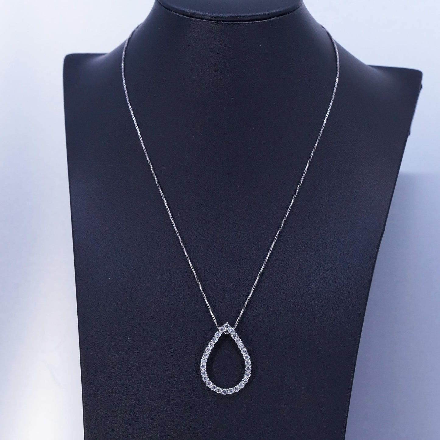 18”, vintage Sterling 925 silver handmade box necklace with teardrop cz pendant