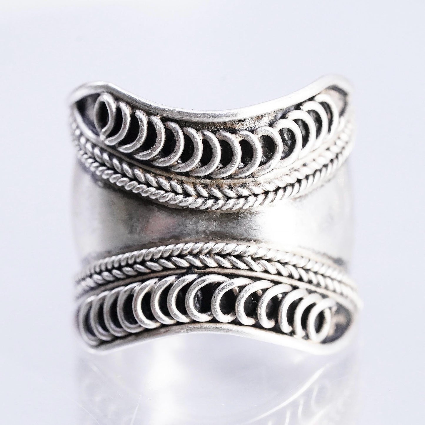 Size 9, Sterling Silver Wide Cigar Band Ring, Boho Ring, Openwork Rope 925 Band